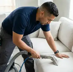 Professional upholstery cleaning technician using an extraction wand to deep-clean a fabric sofa, Memphis, TN.